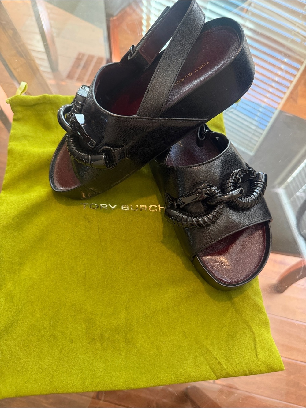 Tory Burch Black Leather Slingback Sandals with Chain-Link Accent